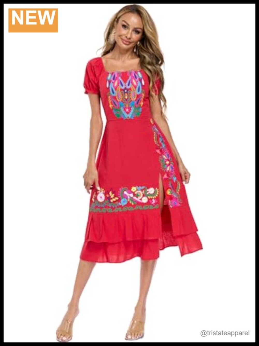 Mexican Boho Floral Embroidered Cotton Midi Dress Puff Sleeve Sundress